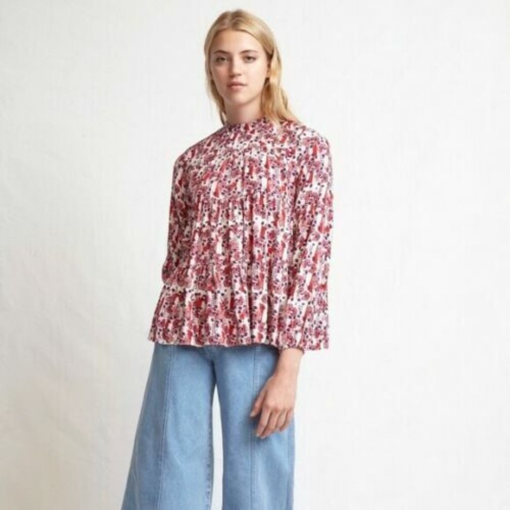Warm Layer Blouse Floral Printed Metallic Long Sleeve Button Top  XS